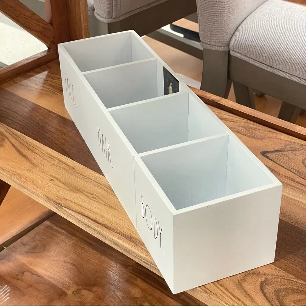 NWT Rae dunn Gorgeous White Wood Black face hair body 4 Compartments organizer